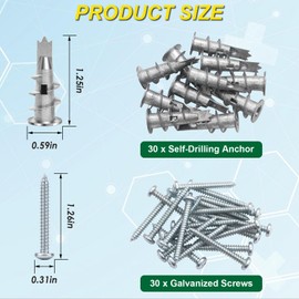 mxuteuk 60Pcs #8 Self Drilling Zinc Alloy Drywall Anchors and Screws kit, 30Pcs Zinc Alloy Anchors and 30Pcs #8x1-1/4'' Screws - Holds Upto 75lbs,for Drywall Hanging and Mounting No Drill Hole