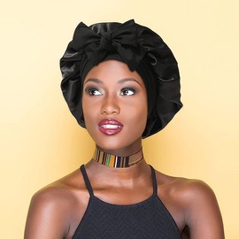 2PCS Satin Bonnet, Silk Bonnet Hair Wrap for Sleeping, Hair Bonnet for Bath, Tie Band for Women Long Curly Braid Hair (AU, Alpha, One Size, Pink+Black)