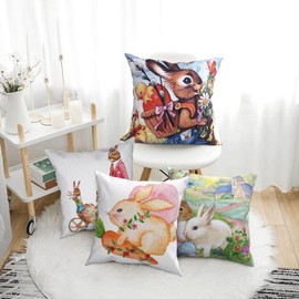 AMZQJD Set of 4 Cushion Covers with Geometric Pattern, Decorative Cotton Linen Cushion Covers (45 x 45 cm, Purple Rabbit)