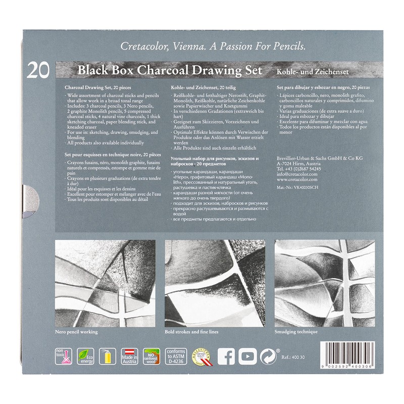 CRETACOLOR Black Box Charcoal Set | 20 Piece Charcoal and