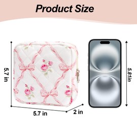 SXS LACONIC Small Makeup Bag for Purse,Quilted Cosmetic Pouch, Mini Make up Bags with Compartments Inside, Cute Cosmetic Organizer for Women, Travel Toiletry Bag, Pink Bow, Flower