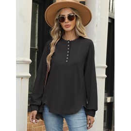 ANRABESS Women's Sweatshirt Long Sleeve Tunic Henley Tops Loose Slit Casual Button Shirts Pullover 2025 Fall Winter Outfits Black X-Large