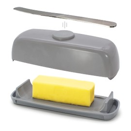 Butter Hub Butter Dish with Lid and Knife, Magnetic Butter Keeper, Easy Scoop, No Mess Lid, Plastic, Dishwasher Safe (Grey)