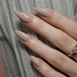 KQueenest Khaki Press On Nails Medium Almond - Acrylic Nails for Gluing, Natural Plain Fake Nails Fingernails for Gluing, Shiny Gel Full Cover False Nails for Women, Pack of 24