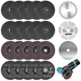 Set of 23 Cutting Discs and Flap Discs 75 mm, Angle Grinder Accessories with HSS Circular Saw Blades, Carbide Cutting Disc, Diameter 10 mm Bore, Grinding Cutting Polishing Metal Wood Plastic