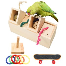 Yumech Bird Toy Parrot Toy Set Foraging Feeder Wood Intelligence Toy Block Puzzles Colourful Loops Skateboard Activity Toy for Cockatoo African Grey Macaw