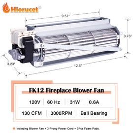 Hiorucet FK12 Fireplace Blower Fan Kit for Majestic, Vermont Castings, Monessen, Temco, Rotom HB-RB12, GFK4, FK12, FK24 Replacement Fireplace Blower Fan. Ball Bearing, Quiet, High Air Flow.