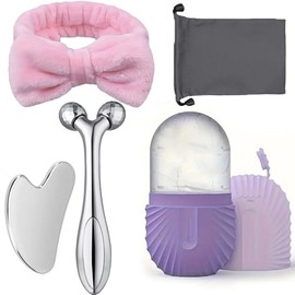 Juego de 5 herramientas de masaje facial, placa raspadora de acero inoxidable y rodillo 3D, bandeja de hielo de silicona: herramienta reutilizable de compresas frías faciales, no requiere elec(purple)