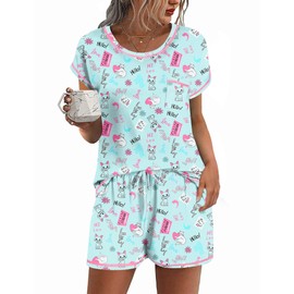 Ekouaer Pajama Set for Women 2 Piece Loungewear Short Sleeve Tops and Shorts Set Soft Sleepwear with Pockets Cartoon Cat Large