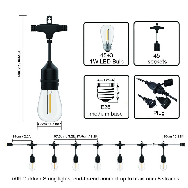 SUFEIMAS Outdoor String Lights LED 150FT with 45 Sockets 48pcs
