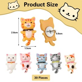 Pack of 30 Colourful Cat Drawing Pins, Cute Drawing Pins, Creative Drawing Pins, Decorative Tacks, Push Pins for Fixing Paper, Bulletin Board Push Pins