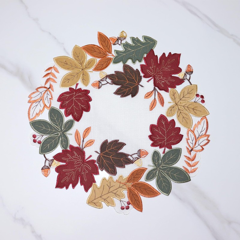Fall Placemat Thanksgiving Table Decor Round Embroidered Autumn Leaf Cut
