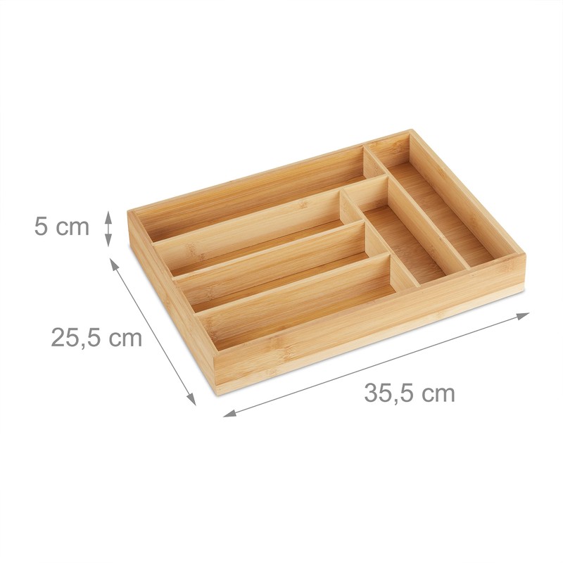 Relaxdays Bamboo Cutlery Tray with 6 Compartments for Kitchen Cutlery