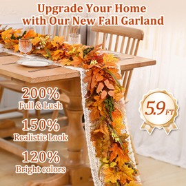 Fall Decorations for Home, 2 Pack Fall Garland for Mantle, 11.8Ft Fall Leaves Garland with Lights, Lifelike Berries Ferns & Vibrant Maple Leaves for Home Table Party Outdoor Thanksgiving Decor