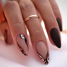 Almond Press on Nails Black Stripe Line Fake Nails French Tip False Nails Press ons Medium Matte Artificial Acrylic Nails Reusable Glitter Glue on Nail for Women Girls Manicure Deco 24Pcs