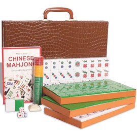 Chinese Mahjong Set, Mahjong Game Set with 146 Numbered Large Tiles (1.5", Green), Mahjong Tiles Set with Brown Carrying Case