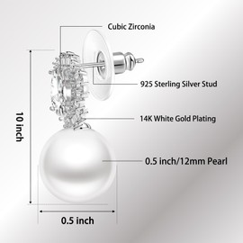 Bridal Bridesmaids Wedding Pearl Stud Earrings for Women Sterling Silver Small Rhinestone Cubic Zirconia Gift Jewelry for Mom Sister Daughter Lover Valentines Dainty Aretes De Perlas Para Mujer