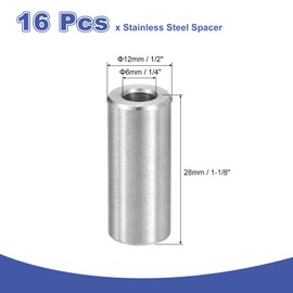 uxcell 16Pcs 304 Stainless Steel Spacer 1/2" OD x 1/4" ID x 1-1/8" Length(12x6x28mm) Screw Standoff Bushing Plain Finish Unthreaded Round Metal Spacer for M6 Screws Bolts and Rods