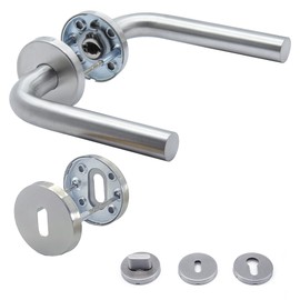 APECS Door Handles Door Handle Set Room Doors Inox Door Handle for Front Door and Interior Doors Door Fitting Round Rosette Set Stainless Steel Matt Handle Set L-Model H-0201+BB Silver