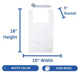 ASSUREPAK White Unprinted HDPE T-Shirt Bags for Retail, Groceries, Merchandise, Convenience Store, Supermarket, Restaurant - 1/8 BBL 10"X5"X18" - 1000 Bags - 13 microns - White
