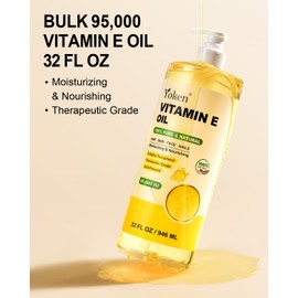 Yoken Vitamin E Oil 32 Fl Oz Organic Vitamin E oil for Skin 95,000 IU Vitamine oils for Scars Hair,Face,Nail,Scalp Perfect DIY Bath and Body Oil Cold Pressed Hexane Free Non-GMO Gluten Free Formula