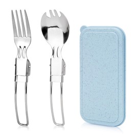 Linkidea Klappbesteck aus Edelstahl mit Aufbewahrungsbox, wiederverwendbares Gabel- und Göffel-Set, leichtes Reisegeschirr-Zubehör, passend für den Campinggebrauch (Blau)