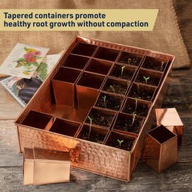 Kings County Tools Seed Starter Tray - Copper Metal Seedling Tray with 24 Tapered Plant Starter Pots for Planting Seeds-Germination Kit for Sprouting - Greenhouse Accessories and Gardening Gifts