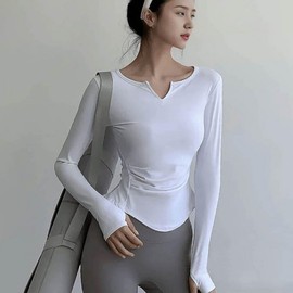Women's V-Neck Long-Sleeve Activewear Top with Thumbholes for Pilates & Yoga 03.White/S(44-55)