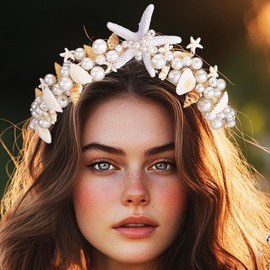 Atigy Seestern-Hochzeits-Tiara und Krone Muschel-und Perlen-Stirnband Strand-Braut-Haar-Accessoires für Frauen