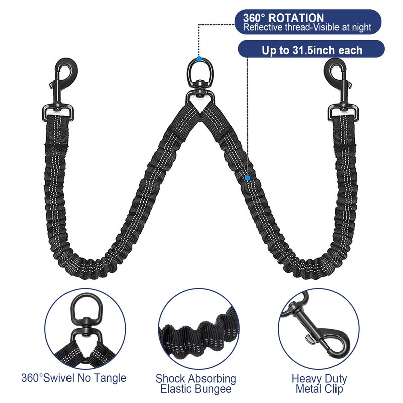 Dual Retractable Dog Leash for 2 Large Dogs (Up to