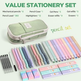 Nicpro 39 Pack Aesthetic School Supplies with Big Capacity Pen Case, 12 Color Pastel Highlighters, 5 Quick Dry Retractable Black Ink Pens, 6 Pastel Mechanical Pencil 0.5 & 0.7 mm for Student Stationary