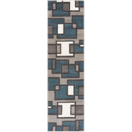 Uptown Squares Blue & Grey Modern Geometric Comfy Casual Hand Carved Runner Rug 2x7 ( 2' x 7' ) Easy to Clean Stain Fade Resistant Abstract Boxes Contemporary Thick Soft Plush Living Dining Room Rug