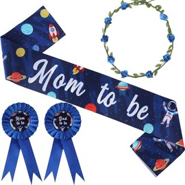 Serencatcher Space Baby Shower Decorations Blue, Boy Space Theme Mom to Be Maternity Sash Mom Dad to Be Button Pin Flower Crown Headband for Galaxy Gender Reveal Party