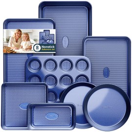 Slow Slog Baking Pans Set 8-Piece Bakeware Sets, Baking Sets for Cooking Nonstick Oven Pan Set, Baking Sheet Set, Cookie Sheets for Baking, Muffin Pan, Ceramic Coated Blue