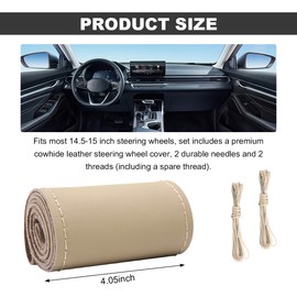 Wevdn Genuine Leather Steering Wheel Cover, Stitch on Wrap, DIY Sewing Steering Wheel Protector, 15 Inch Breathable Non-Slip Steering Wheel Protector, Car Accessories (Beige, Glossy)