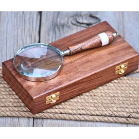 Chrome Brass Magnifying Glass with Inlaid Mother of Pearl Wood Handle & Hardwood Case – 9" Vintage Loupe with Clear Lens – Gift for Seniors, Collectors, Hobbyists, Reading & Inspection Tool