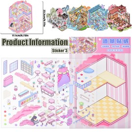 5 Sets DIY 3D Big Size Vintage House Sticker Scenes with Tweezers Make Your Own Undersea Temples Dessert Shop Scene Stickers Cute Micro Animal Room Stickers for Relief Stress Pass The Time
