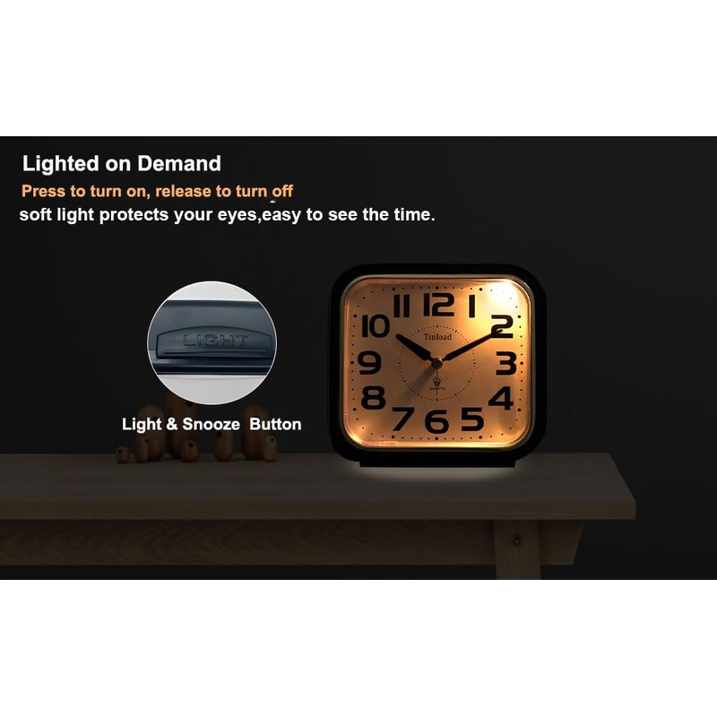 Tinload 5.5" Large Analog Alarm Clock Silent Non Ticking, Gentle