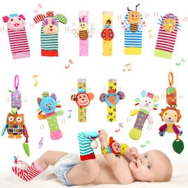 BLOOBLOOMAX Baby Soft Hanging and Wrist Rattle Toy, Car Seat Stroller Toys with Plush Animal C-Clip Ring for Infant Babies Boys and Girls 3 to 12 Months (12PCS-G)