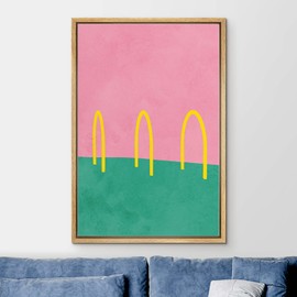 Ashbrook Framed Canvas Print Wall Art Geometric Arches on Green and Pink Color Field Abstract Shapes Illustrations Modern Bohemian Colorful Ultra for Living Room, Bedroom, Office - 24"x36" NATURAL