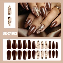 24pcs Brown Press On Nails Medium Coffin Fake Nails With Relief Lace Design Spring Press Ons Glossy False Nails Full Cover Acrylic Artificial Nails Reusable Glue On Nails Stick On Nails For Women