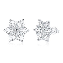 Deyanse Silver Christmas Stud Earrings for Women, 925 Sterling Silver Stud Earrings with Cubic Zirconia, 11mm Silver Xmas Small Snowflake Sleeper Cartilage Tiny Earrings Gift for Christmas Valentines