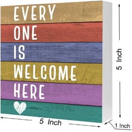 "Everyone is Welcome Here" Wooden Welcome Sign - Inspirational Diversity Decor for Classroom Desk, Home Office, School Shelf - Rustic Wood Box Sign 5x5 Inch