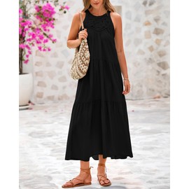 BTFBM Summer Halter Dresses for Women 2025 Casual Spring Hollow Out Sleeveless Boho Sundresses Beach Vacation Maxi Dress(Black, Large)