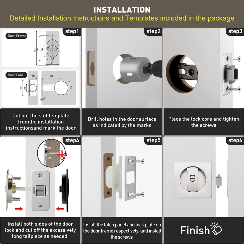 Malimali Pocket Door Lock, Brushed Steel Pocket Door Hardware Square