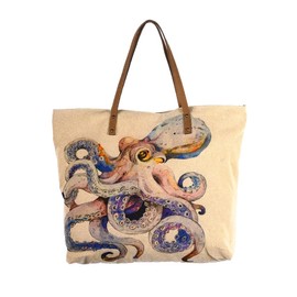 COTT N CURLS Womens Octopus Tote Bag - 18" x 20" Canvas Bags with Zipper, Handmade Large Canvas Tote Bag with Inner Pockets and Leather Handles, Lightweight Canvas Bag with Adjustable Strap