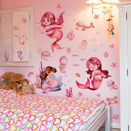 Mermaid Wall Decal Mermaid Fish Wall Stickers Under The Sea Marine Fish Whale Turtle Seaweed Grass Bubble Wall Stickers - Bathroom Baby Kids Nursery Girls Bedroom Daycare Wall Decor