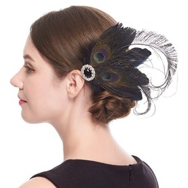 20s Fascinators for Women, Gatsby Flapper Acessories Art Deco Party Accessory Peacock Feather Alligator Clip(B-black)