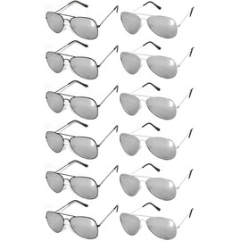 12 Pack Aviator Mirrored Lens Sunglasses Black, Silver Frames OWL ®.