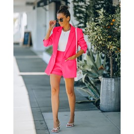 Fisoew Women's 2 Piece Open Front Long Sleeve Blazer and Solid Short Pants Suit Sets Rose Red